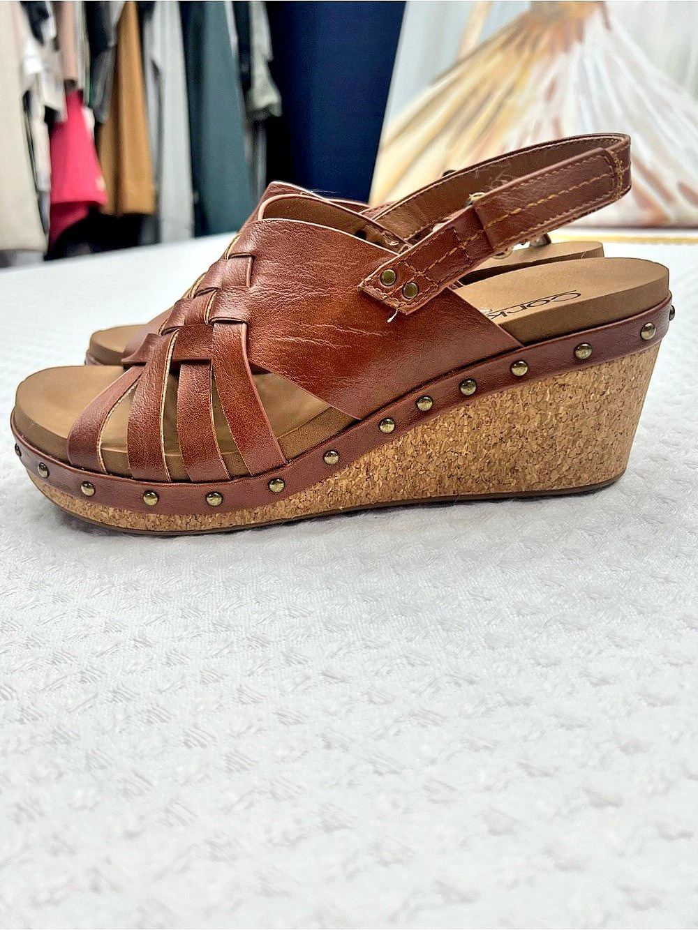 Corky's Woven Cork Wedge Sandals Brown US 8